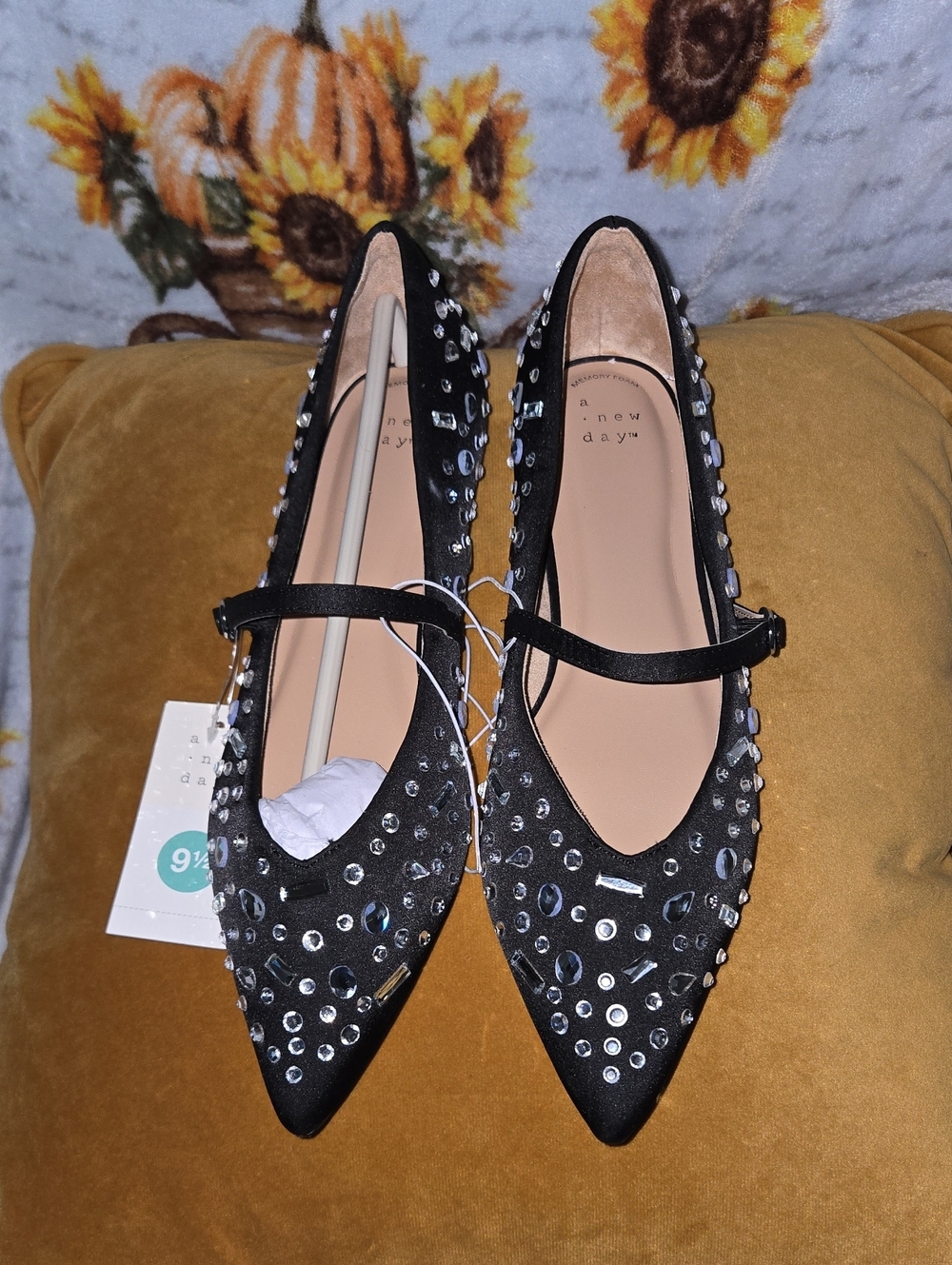 a new day Black Crystal-Embellished Mary Jane Pointed Flats